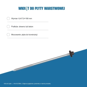 Wkręt do płyty warstwowej Info-GLOBAL ARW 0 CSG 6,4/7,0×190 mm, kolory RAL, 100 szt.